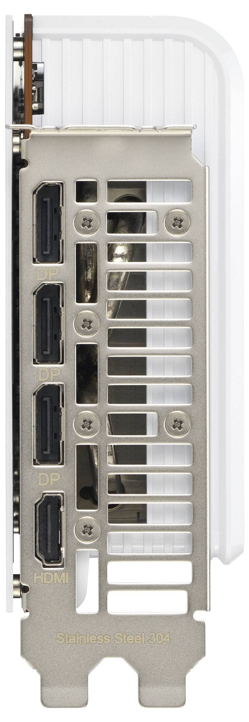 Karta graficzna z czterema portami: trzema oznaczonymi jako 'DP' dla DisplayPort oraz jednym oznaczonym jako 'HDMI'. Wspornik wykonany jest ze stali nierdzewnej.