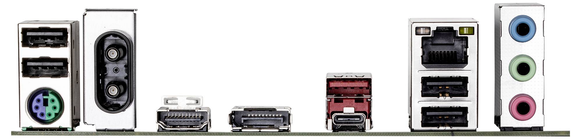 Różne porty komputerowe są widoczne, w tym USB, HDMI, Ethernet oraz gniazda audio, ułożone obok siebie na panelu.