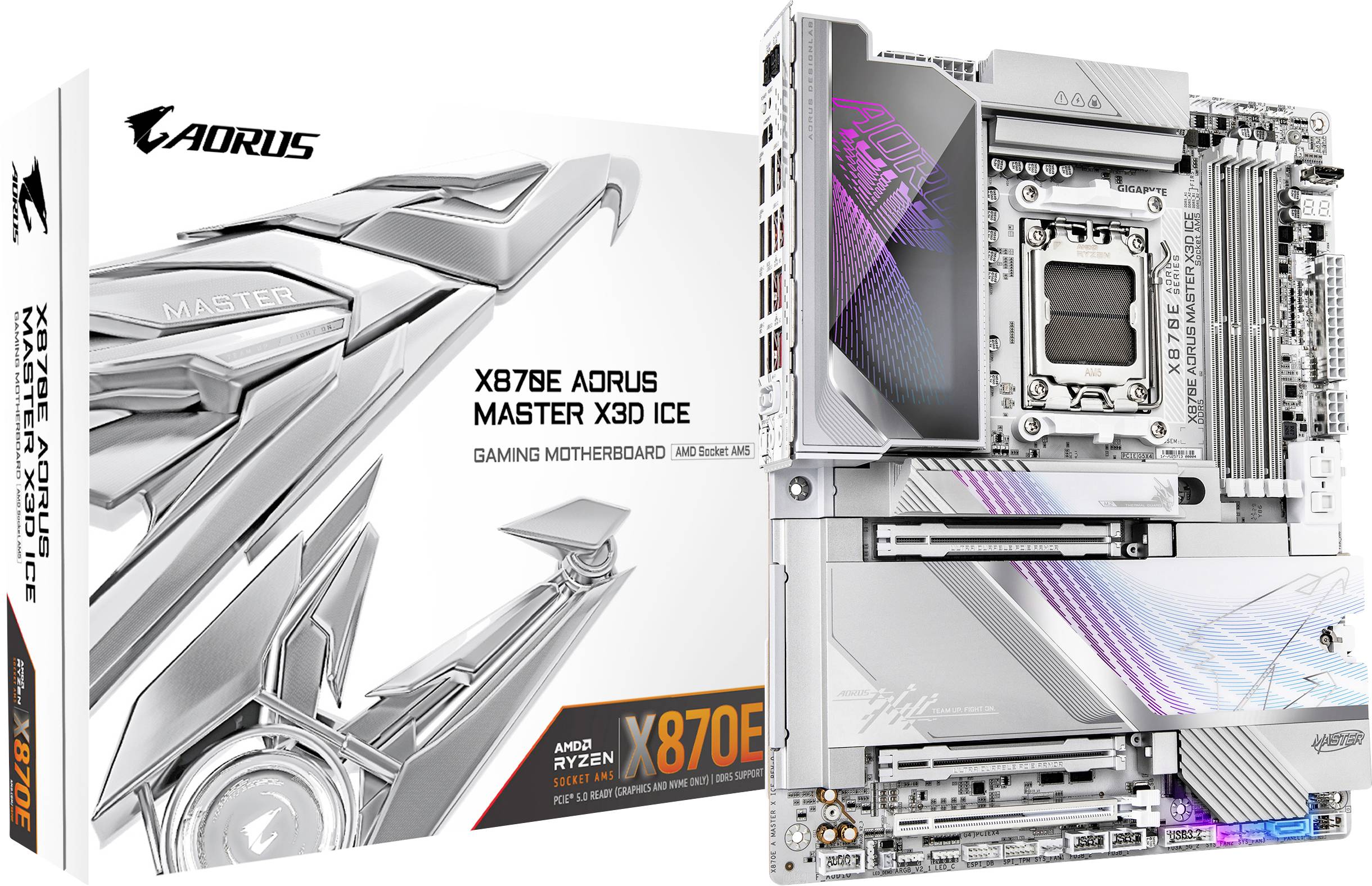 X679E AORUS Master X3D Ice Płyta główna do gier chłodzona lodem. Prezentacja płyty głównej i opakowania. Kluczowe cechy obejmują zaawansowane chłodzenie oraz podświetlenie RGB.