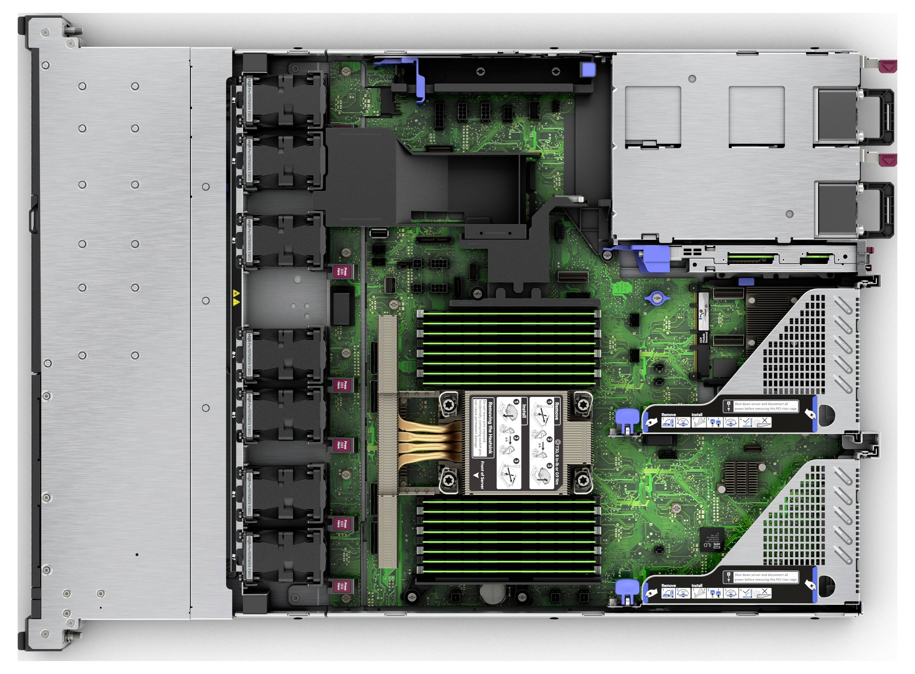 Widok wnętrza komputerowego serwera przedstawiający płytę główną, procesor z radiatorem, sloty pamięci RAM oraz różne złącza.