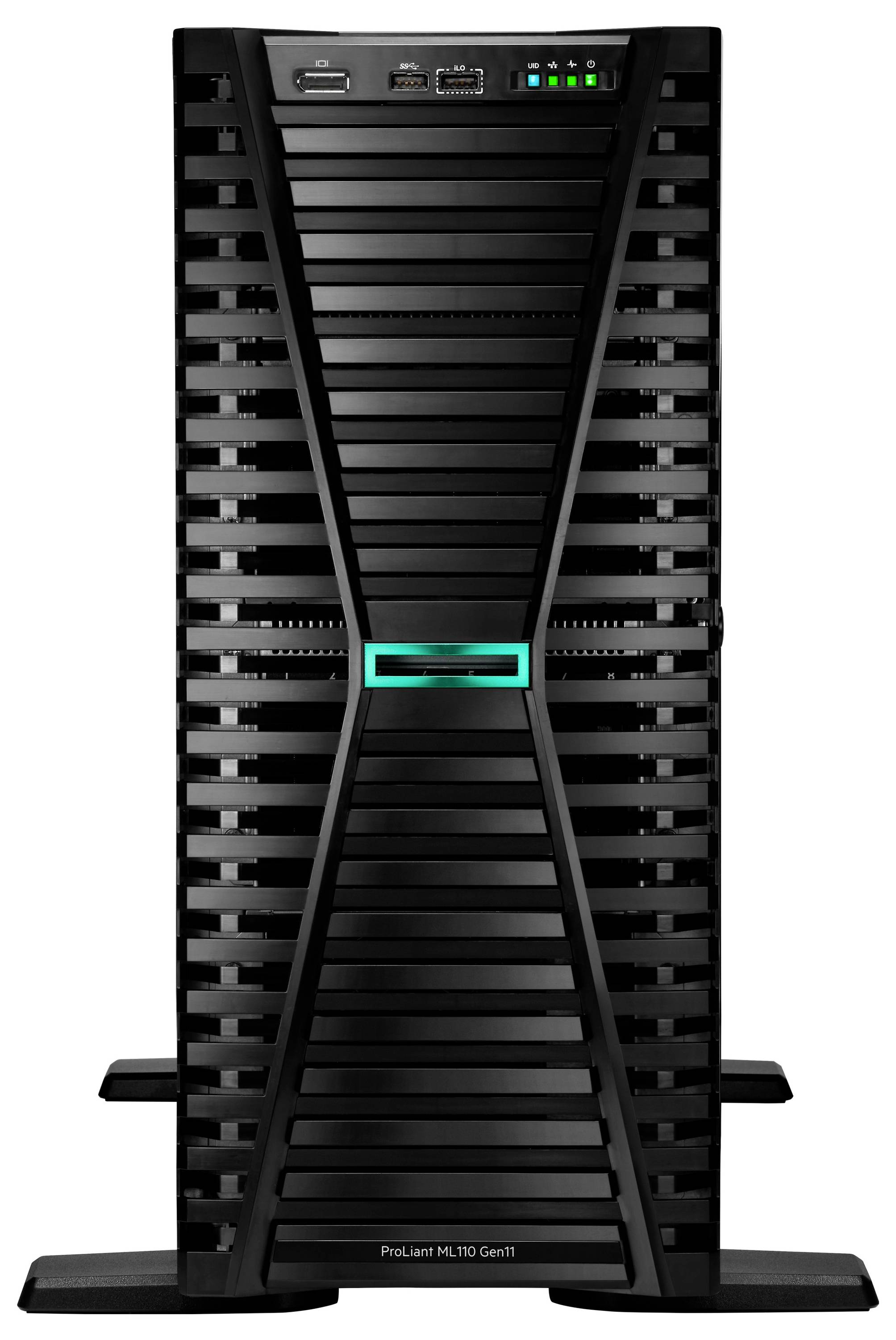 Czarna wieżyczka serwera, widziana z przodu, z poziomymi otworami wentylacyjnymi i widocznymi wskaźnikami zasilania na górze.