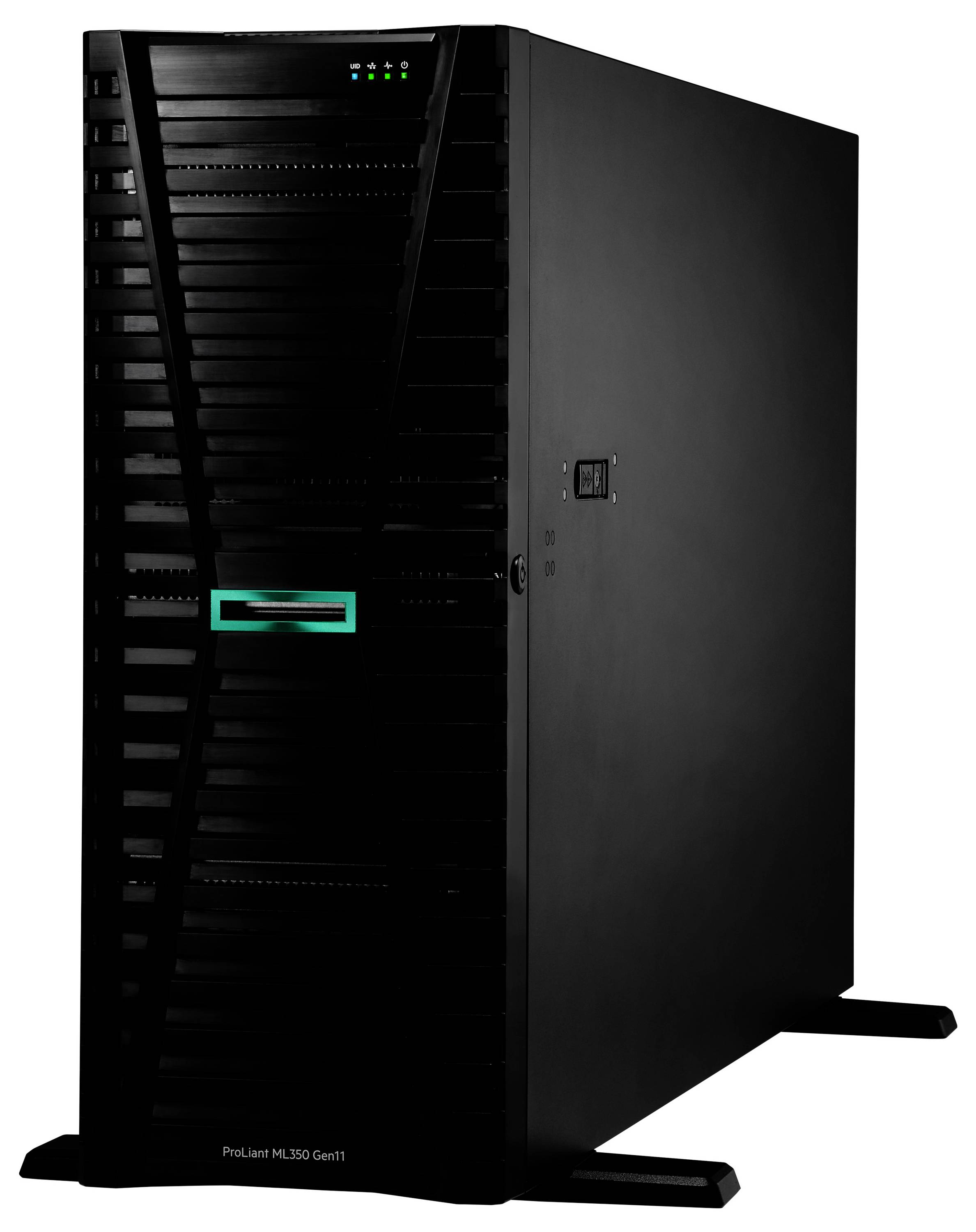 Czarna wieżowa obudowa serwera z wieloma wentylatorami i wskaźnikami świetlnymi, oznaczona etykietą ProLiant ML350 Gen11, stojąca na płaskiej powierzchni.