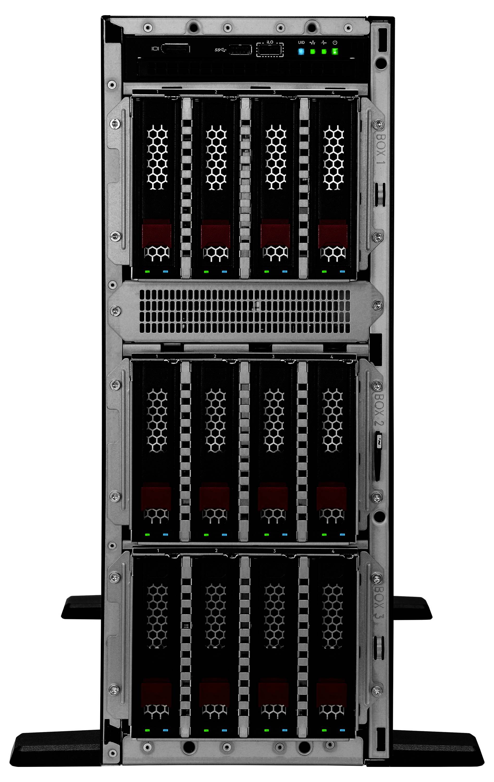 Wysoki, czarny stojak serwerowy wypełniony wieloma jednostkami serwerowymi, z widocznymi panelami wentylacyjnymi i wskaźnikami świetlnymi.
