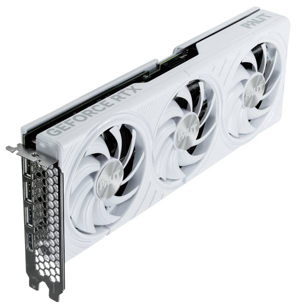 Biała karta graficzna oznaczona napisem 'GeForce RTX', wyposażona w trzy wentylatory chłodzące; wyprodukowana przez firmę Palit.