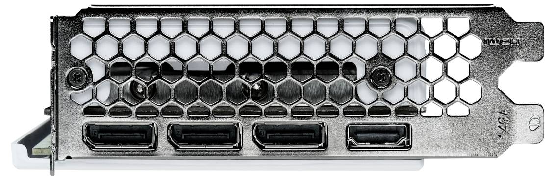 Metalowa karta graficzna z tylną płytą, wyposażona w trzy porty DisplayPort i jeden port HDMI, z wentylacją w kształcie plastra miodu.
