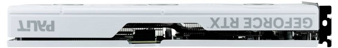 Biała karta graficzna Palit GeForce RTX widziana z boku, prezentująca szczegóły wentylacji i oznaczenia marki.