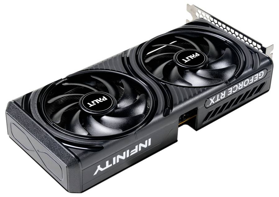 Karta graficzna oznaczona jako 'GeForce RTX' z podwójnymi wentylatorami i eleganckiej czarnej stylistyce, podkreślająca wysoką wydajność i zaawansowaną technologię chłodzenia.