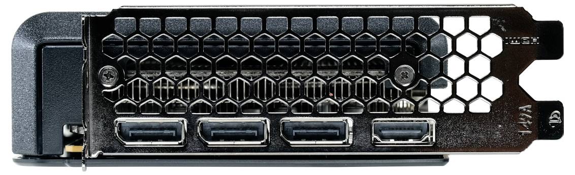 Karta graficzna z czterema portami HDMI, przeznaczona do podłączania wielu wyświetlaczy, wyposażona w kratkę wentylacyjną w kształcie plastra miodu na tylnym panelu.