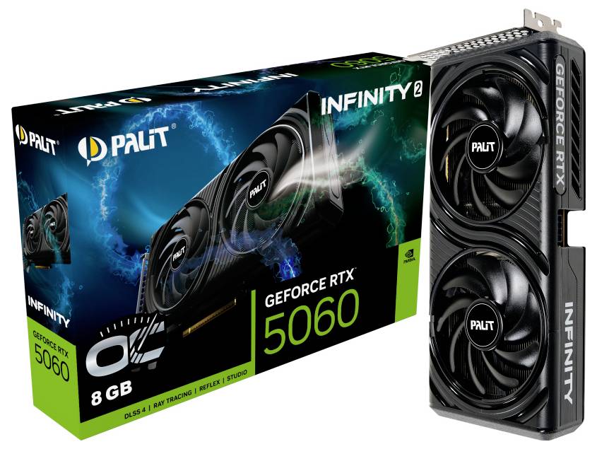 Karta graficzna Palit GeForce RTX 5060 i jej opakowanie, wyposażona w podwójne wentylatory, 8 GB pamięci oraz oznaczenie 'Infinity 2' z żywą, intensywną szatą graficzną.