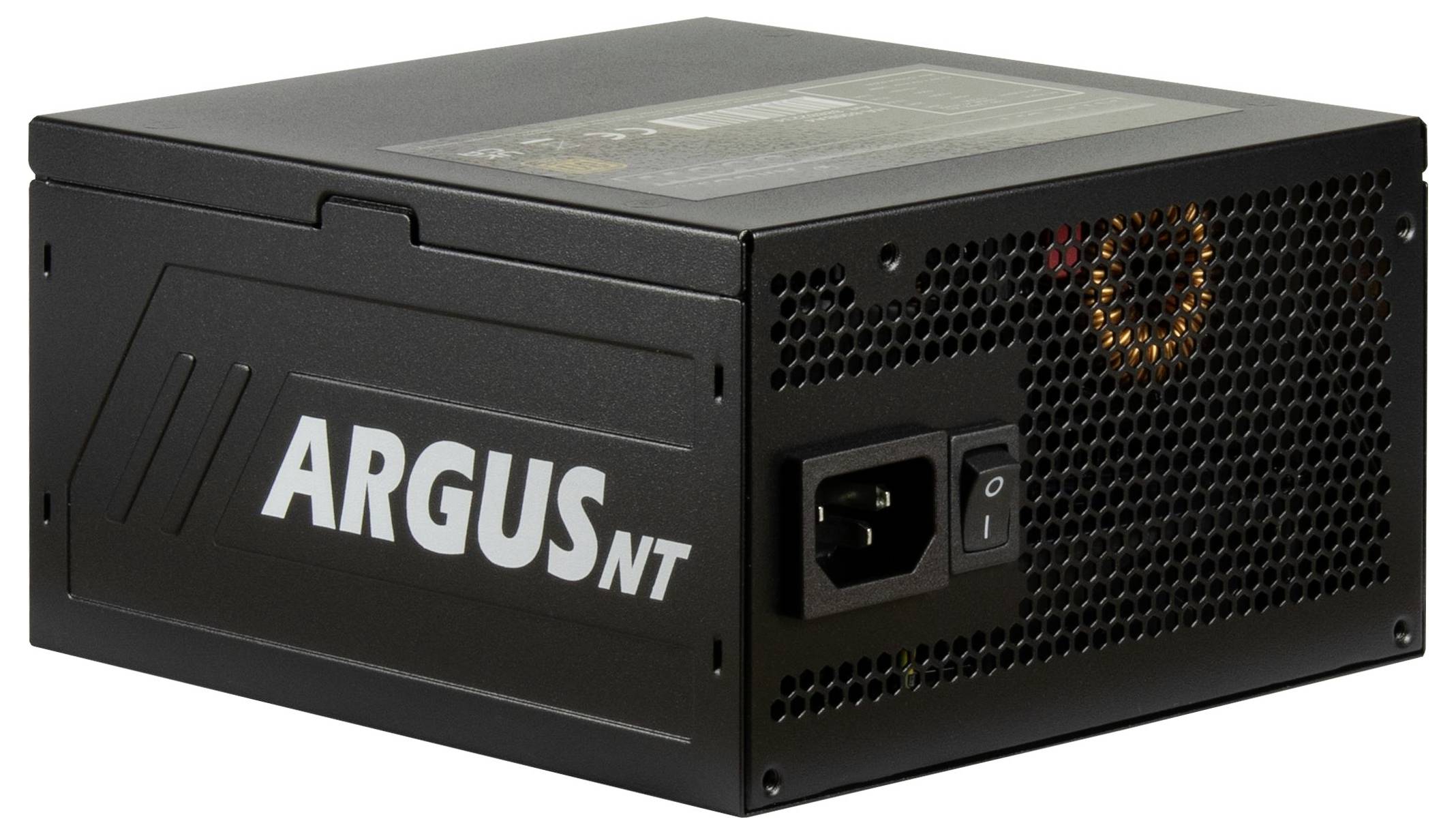 Czarny zasilacz komputerowy oznaczony etykietą 'ARGUS NT', wyposażony w włącznik zasilania, port zasilania oraz wentylowaną boczną ściankę dla przepływu powietrza.
