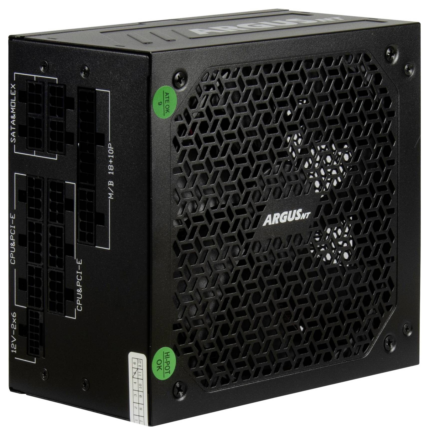 Czarny zasilacz komputerowy z wieloma portami oznaczonymi 'SATA/MOLEX', 'CPU/PCI-E', 'MB 18+10P'. Widoczna nazwa marki 'ARGUS'.