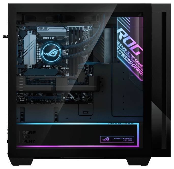 Obudowa komputera z przezroczystym panelem bocznym prezentująca płytę główną oznaczoną logo 'Asus' i marką 'Republic of Gamers (ROG)'.