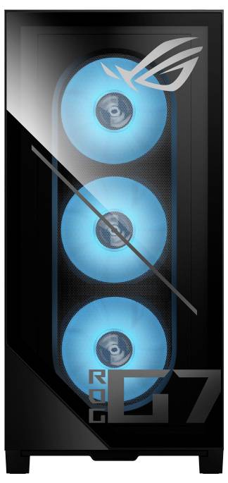 Wieża komputerowa z przezroczystym panelem przednim, prezentująca trzy chłodzące wentylatory podświetlone na niebiesko, z logo w prawym górnym rogu.