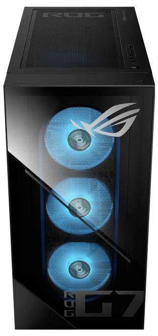 Czarna obudowa komputera do gier z trzema widocznymi niebiesko podświetlanymi wentylatorami z przodu. Logo marki gamingowej znajduje się w prawym górnym rogu.
