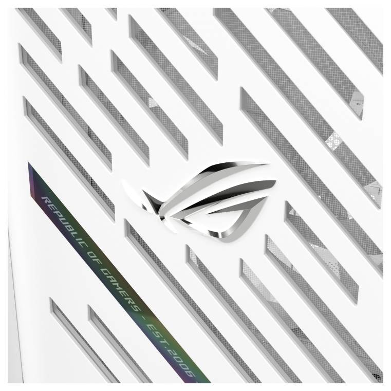 Biała obudowa komputera z ukośnymi wentylacjami i srebrnym logo w centrum. Tekst głosi: "Republic of Gamers - Założone w 2006 roku".