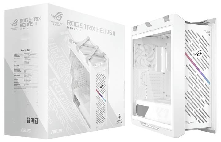Biała obudowa komputerowa ROG Strix Helios II z akcentami podświetlenia RGB, przezroczystym panelem bocznym i projektem przedniej wentylacji.