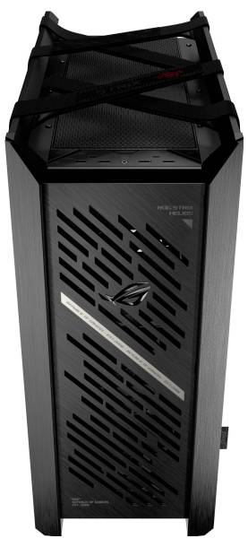 Czarna obudowa komputera do gier z diagonalnym wzorem wentylacji na przednim panelu, z logo ASUS ROG i portami USB na górze.