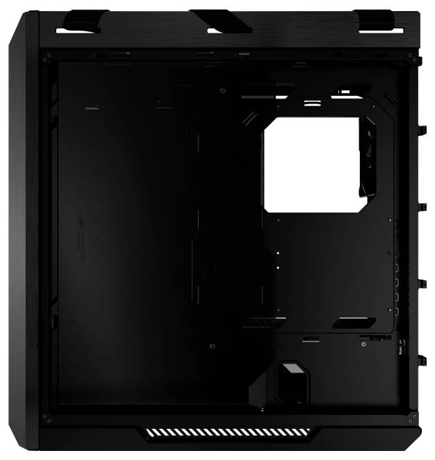 Czarna obudowa komputera z otwartym panelem bocznym, ukazująca wewnętrzne elementy montażowe dla podzespołów, takich jak płyta główna i napędy.