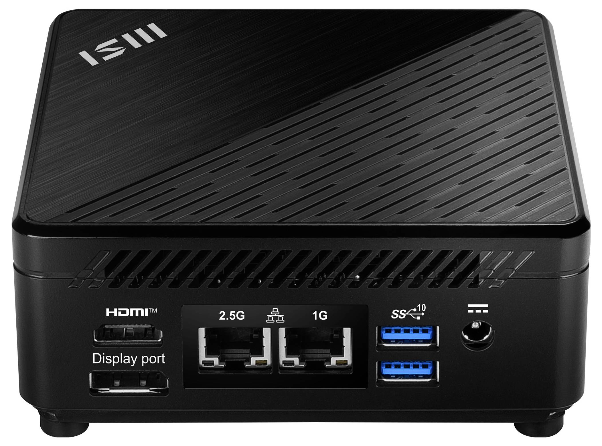 Kompaktowe czarne urządzenie sieciowe z logo 'MSI' na górnej części, wyposażone w porty HDMI, DisplayPort, porty Ethernet, porty USB oraz przycisk zasilania.