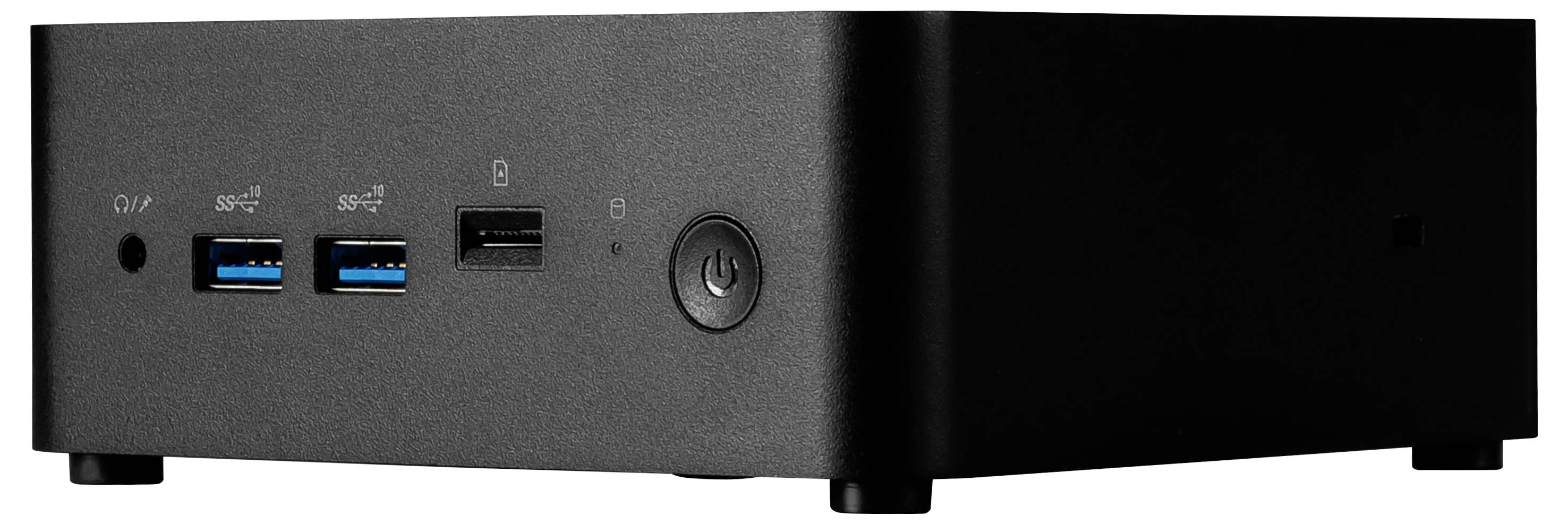 Czarny miniaturowy komputer stacjonarny z przyciskiem zasilania i wieloma portami USB na przednim panelu.