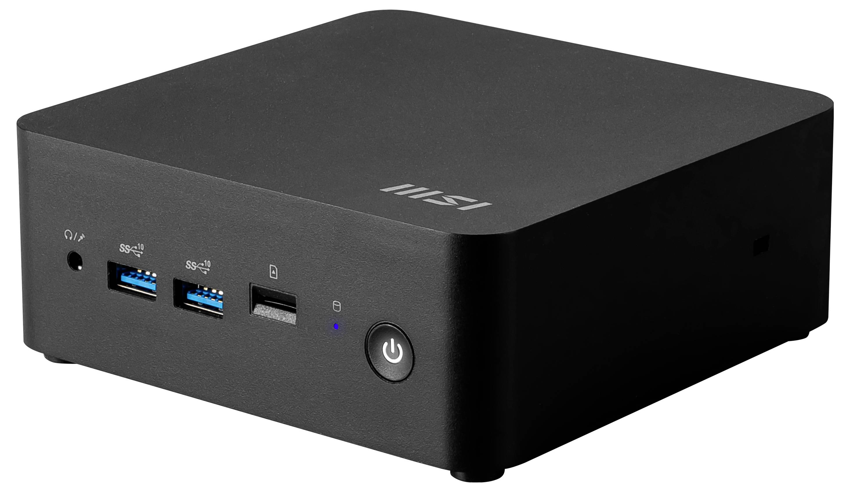 Kompaktowy czarny minikomputerowy komputer stacjonarny z portami USB, przyciskiem zasilania i logo MSI na froncie, zaprojektowany do użytku w małych przestrzeniach roboczych.