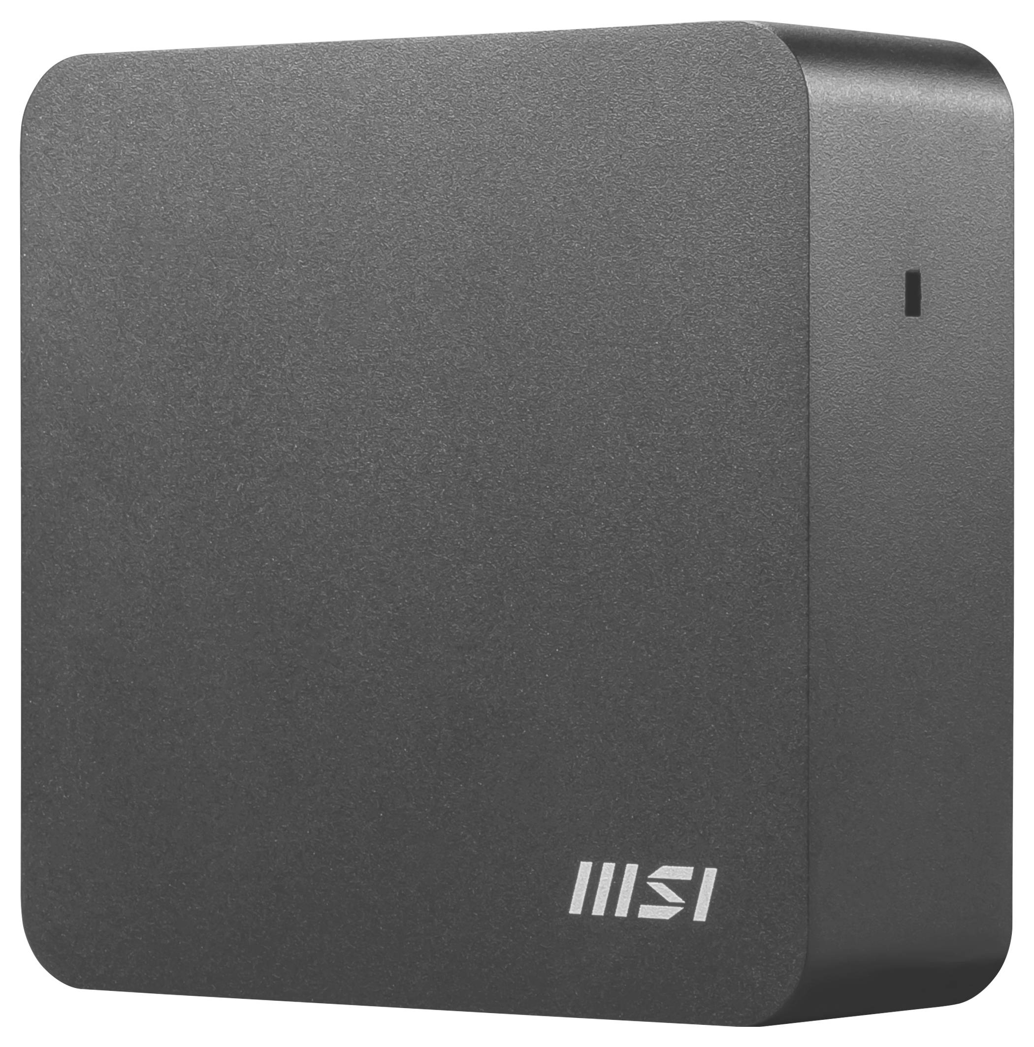 Kompaktowy, czarny miniaturowy komputer MSI o eleganckiej sylwetce z logo MSI na przedniej części obudowy.