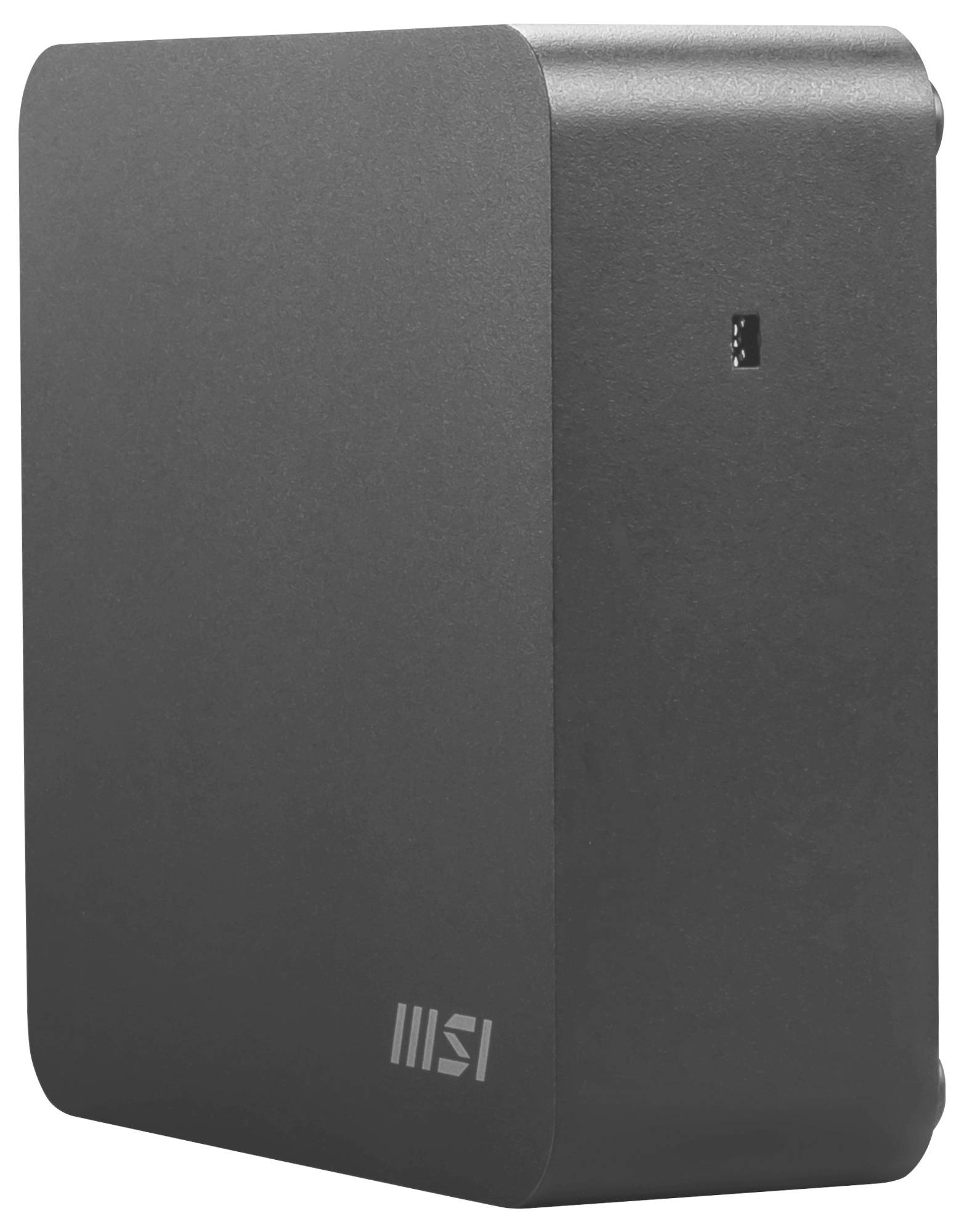 Smukła, czarna obudowa komputera MSI o minimalistycznym designie z małym portem USB z boku.