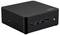 Czarny miniaturowy komputer PC z portami USB skierowanymi do przodu, przyciskiem zasilania po prawej stronie i logo marki na górze.