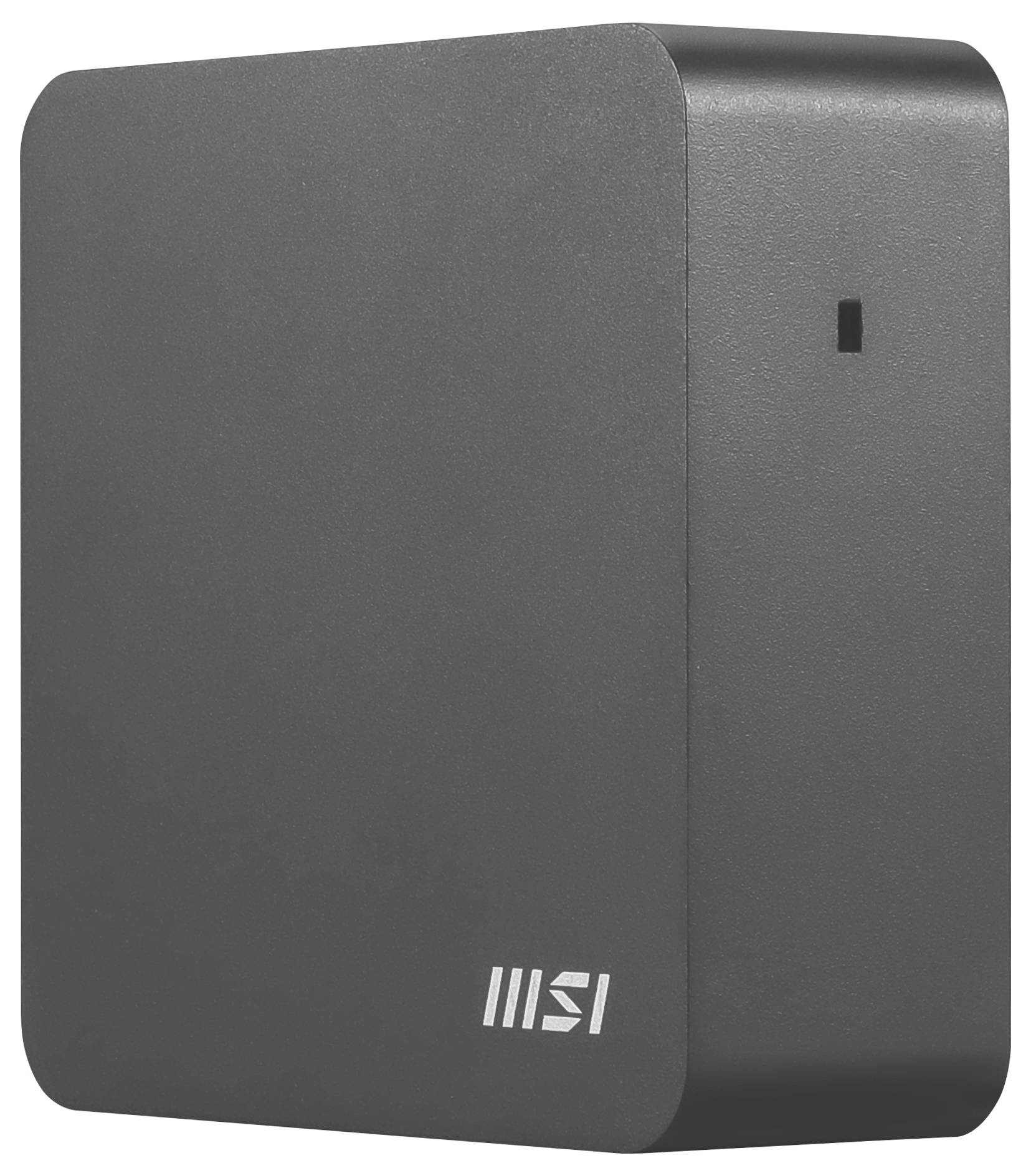 Mały, czarny komputer stacjonarny MSI o minimalistycznym designie, z logo MSI na przedniej części i małą diodą sygnalizacyjną.