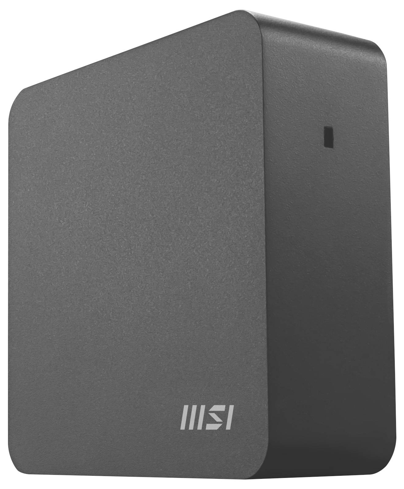 Kompaktowe, czarne prostokątne urządzenie elektroniczne z małą diodą sygnalizacyjną i logo MSI z jednej strony.