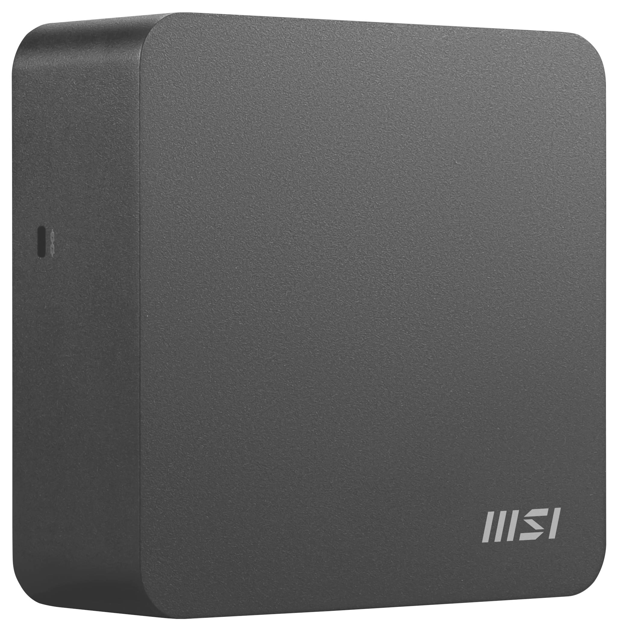 Kompaktowy, czarny miniaturowy komputer MSI o nowoczesnym, minimalistycznym designie z logo MSI z jednej strony.