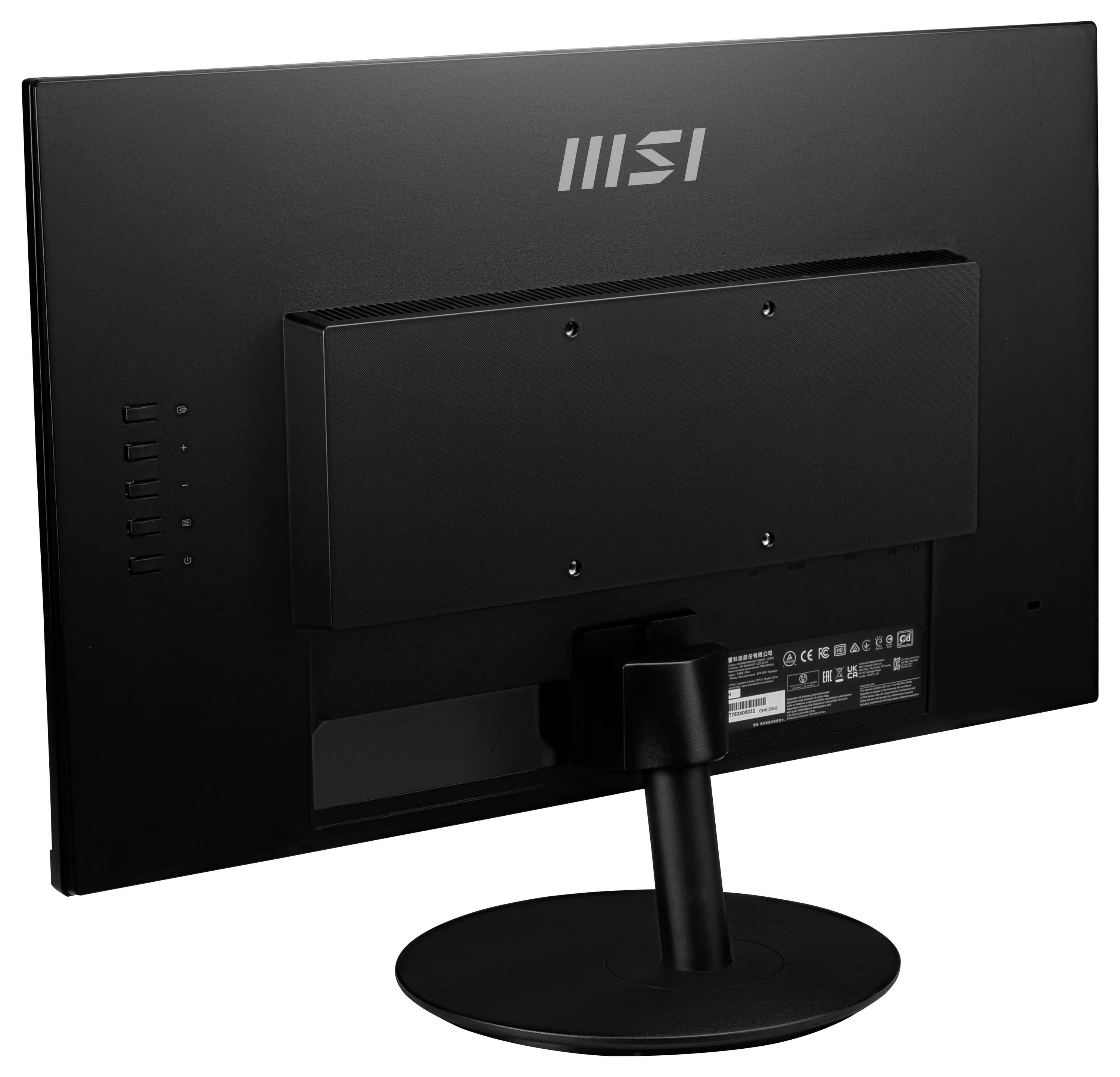 Obraz przedstawia tył czarnego monitora komputerowego MSI na podstawce, charakteryzujący się prostą stylistyką, z widocznym logo MSI oraz portami przyłączeniowymi.