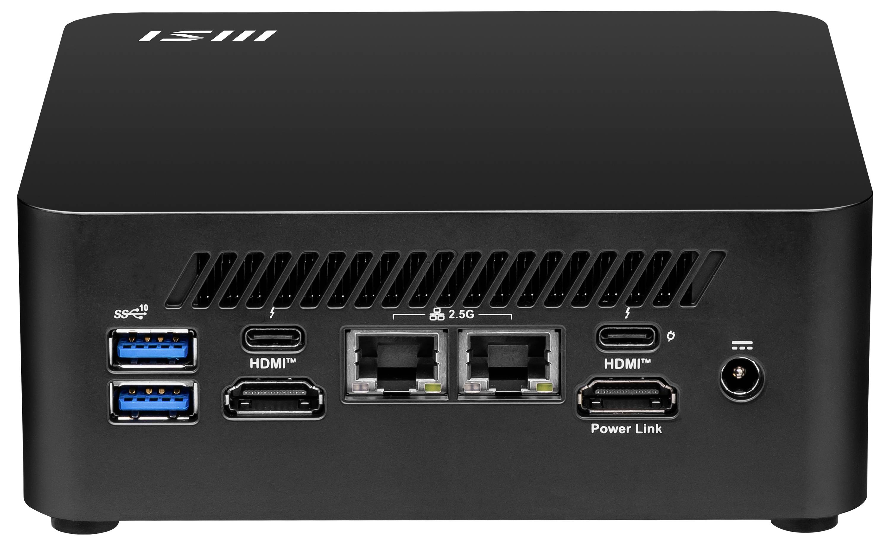 Czarny elektroniczny urządzenie z wieloma portami: dwa porty USB, dwa porty HDMI, dwa porty Ethernet, port łącza zasilającego oraz wejście zasilania.