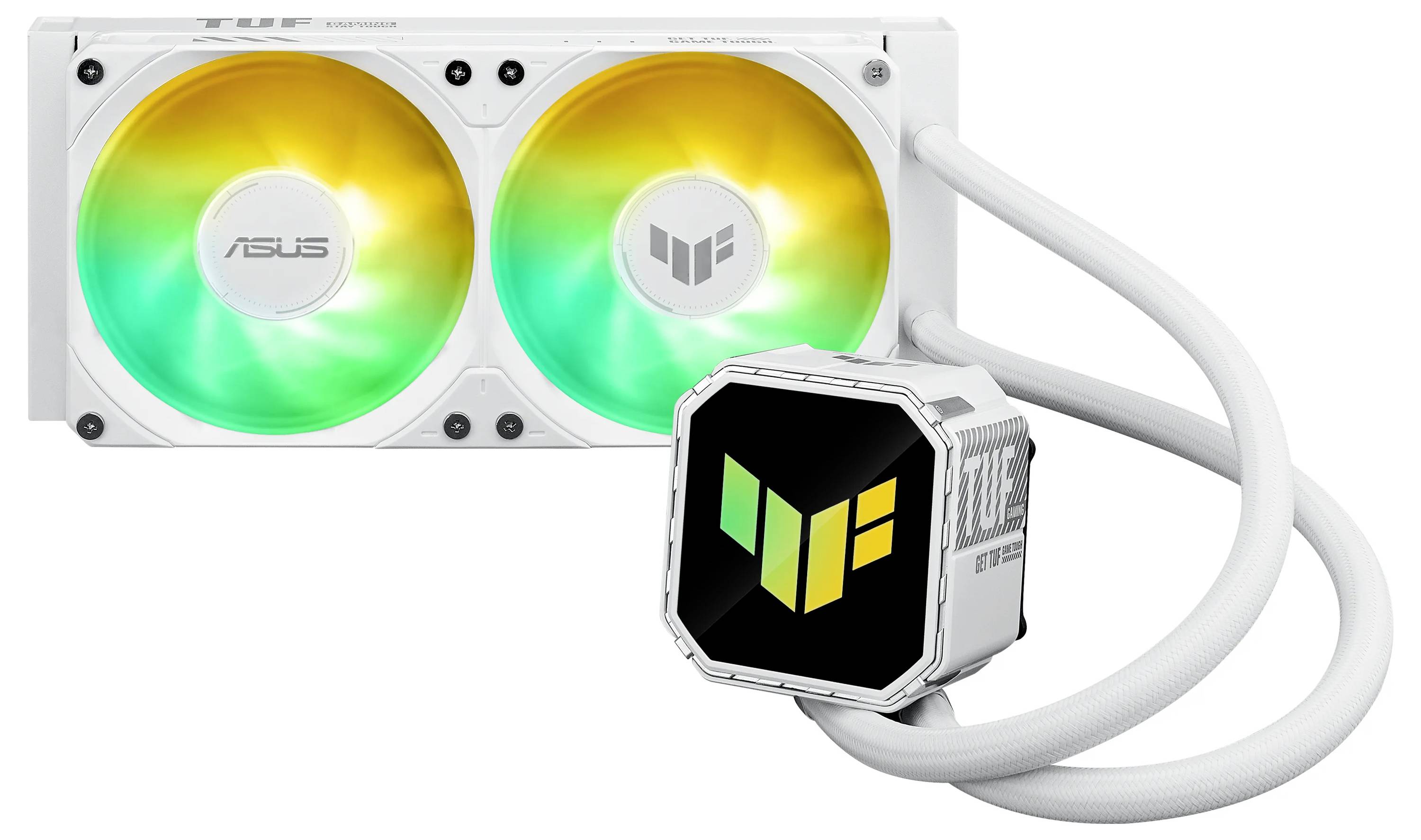 Biały chłodzący układ wodny ASUS TUF Gaming PC z podwójnymi wentylatorami RGB świecącymi na zielono i żółto, połączony białymi przewodami z blokiem wodnym.