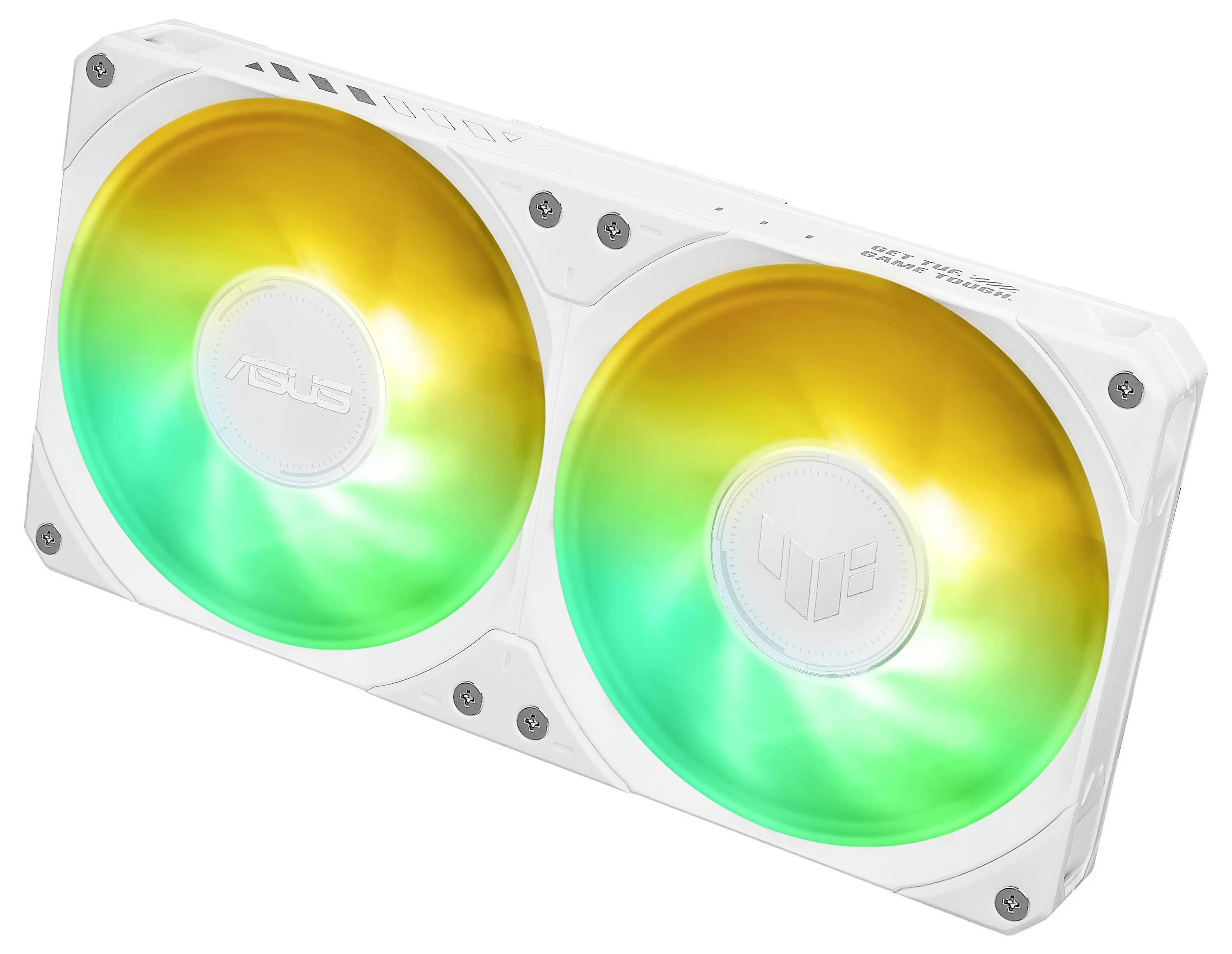 Biały wentylator komputerowy ASUS z dwoma dużymi podświetlanymi łopatkami, wyświetlający gradient świateł od żółtego do zielonego. Posiada logo TUF Gaming.