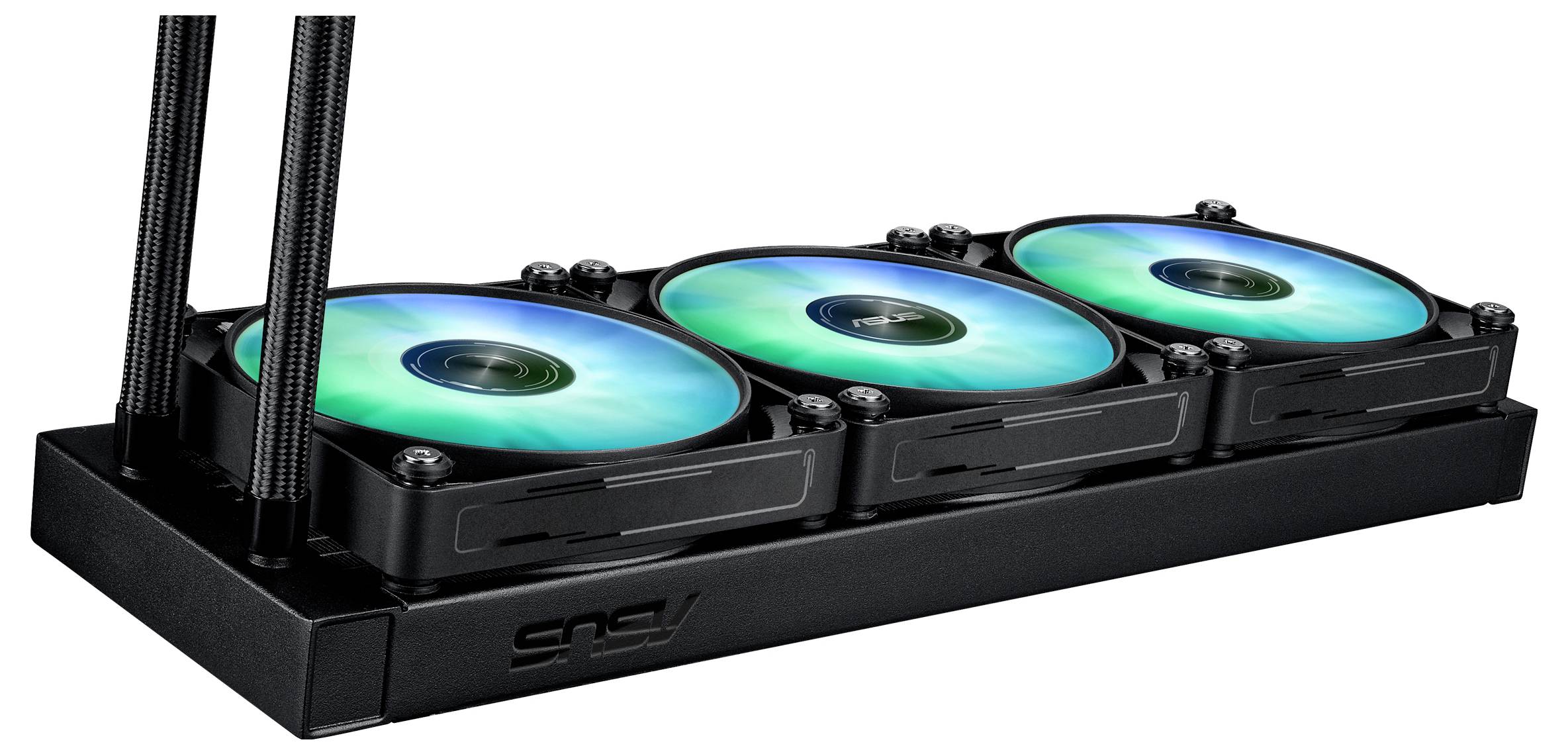 Czarny system chłodzenia komputera z trzema okrągłymi wentylatorami, prezentujący zielone i niebieskie podświetlenie LED, połączony czarnymi kablami.