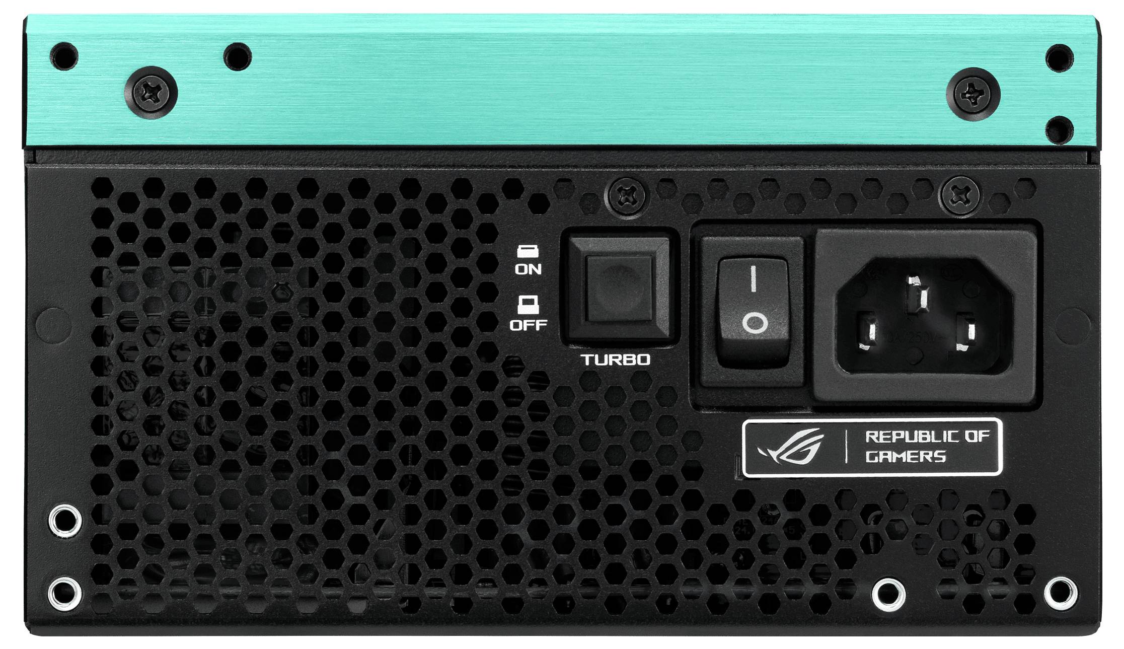 Obraz przedstawia tylny panel jednostki zasilającej do gier, na którym znajduje się przełącznik zasilania, przycisk "Turbo" oraz logo "Republic of Gamers".
