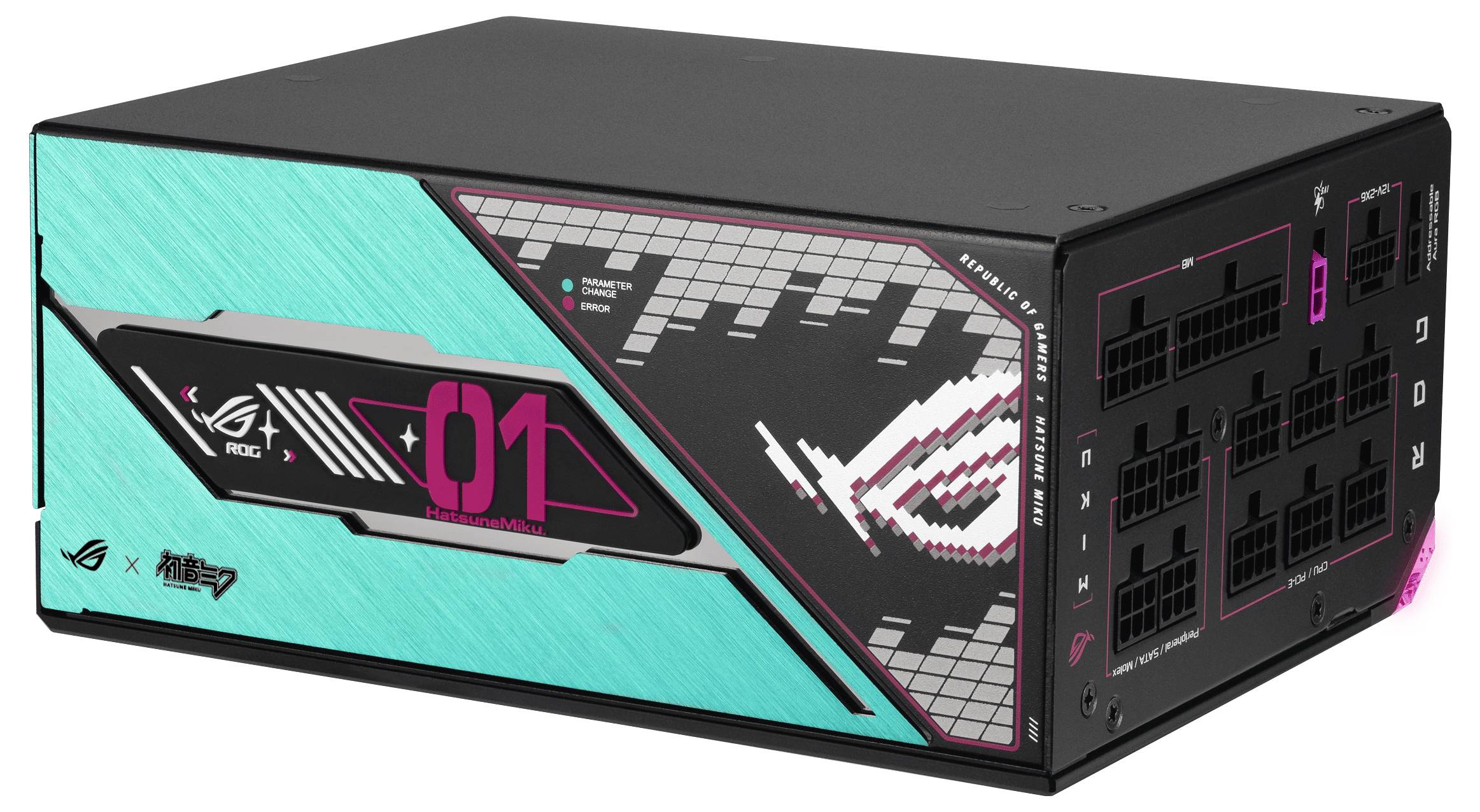 Czarno-morska jednostka zasilająca do gier z różowymi akcentami, wyposażona w liczne złącza i logo 'ROG' na boku.