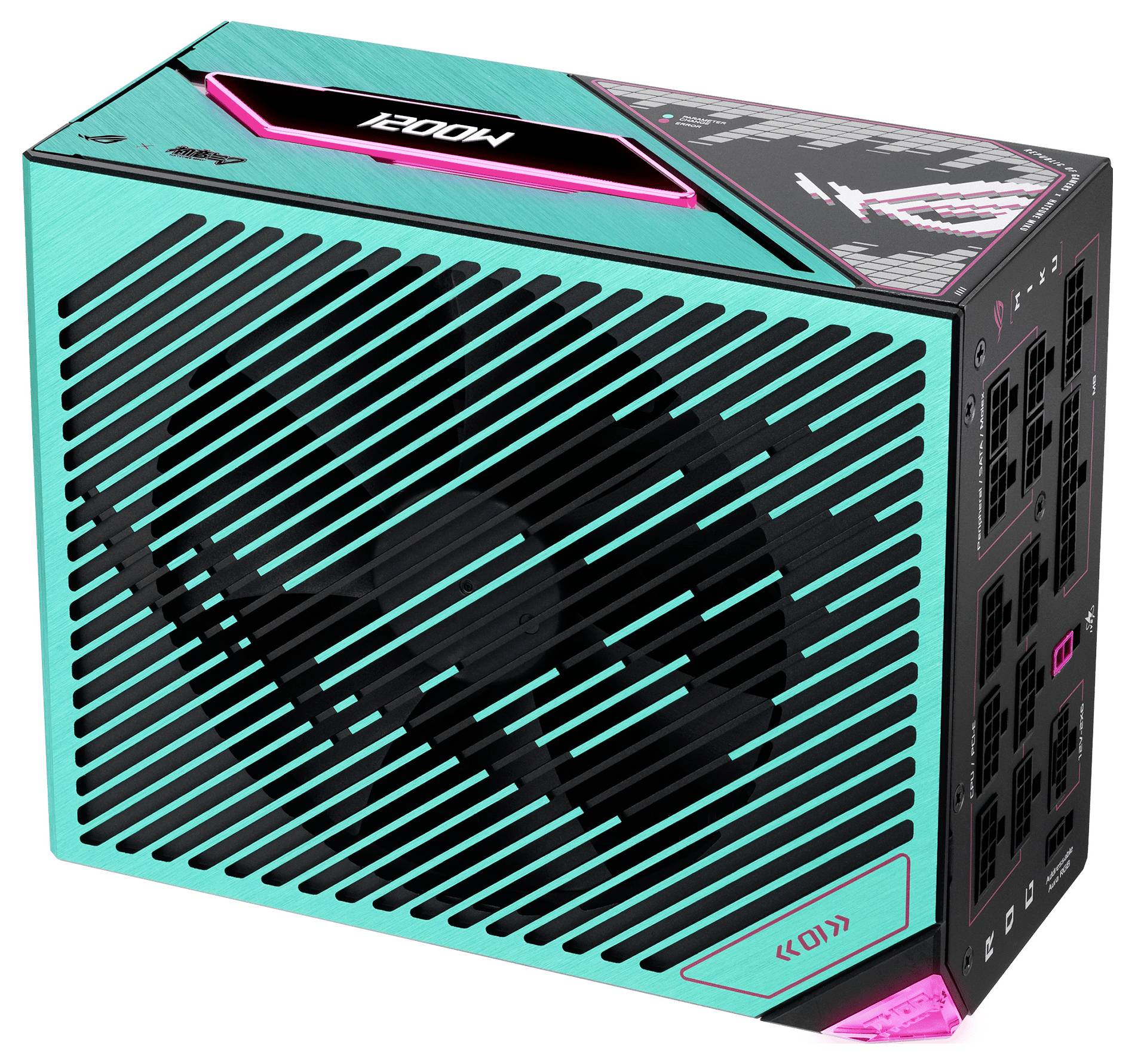 Kolorowy zasilacz komputerowy z akcentami w kolorze morskim i różowym, widoczną kratką wentylacyjną oraz różnymi portami wtykowymi po stronie.