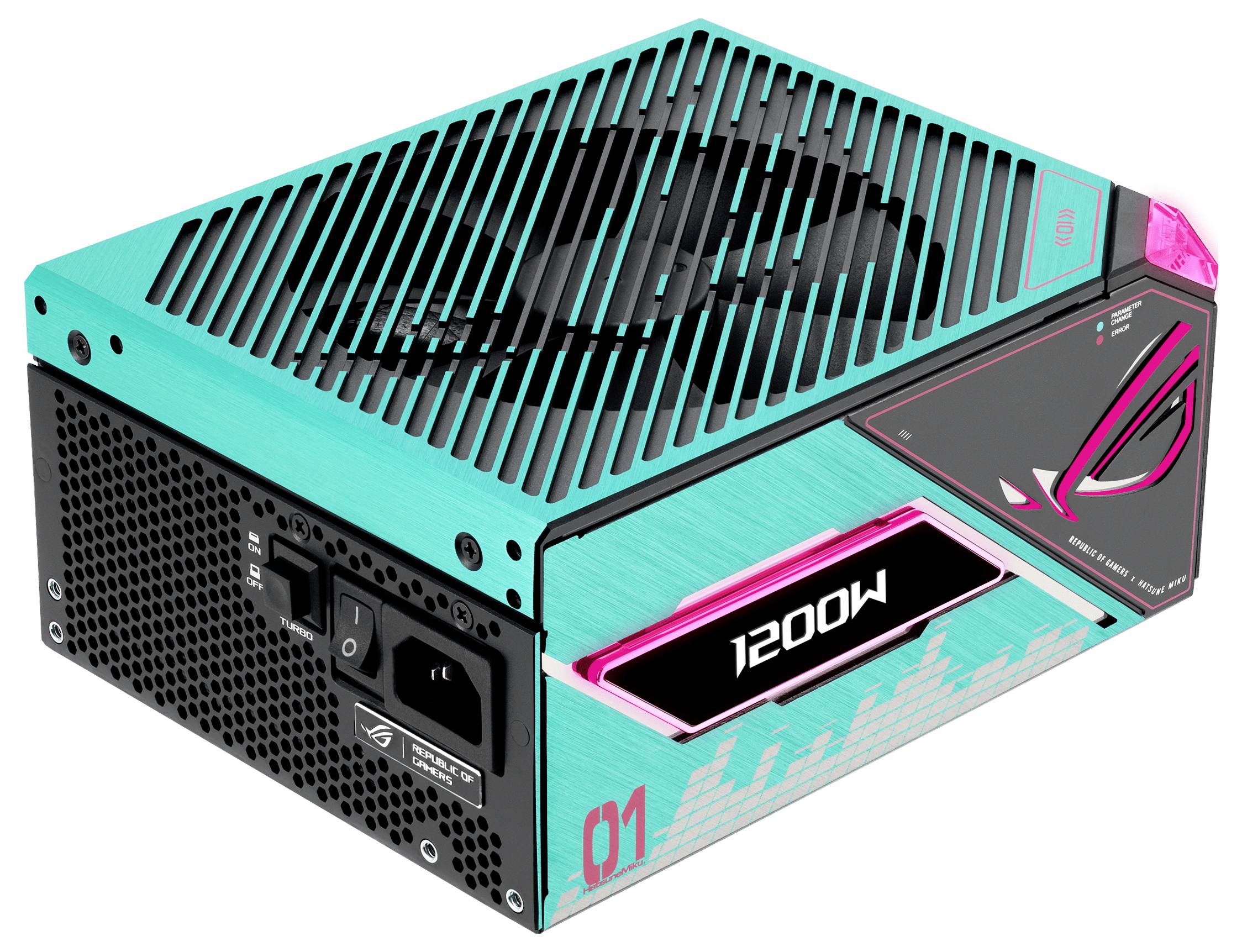 Niebiesko-różowy zasilacz komputerowy o mocy 1200W z wentylacją na górze, z ozdobionymi stylizowanymi grafikami i logo na bokach.