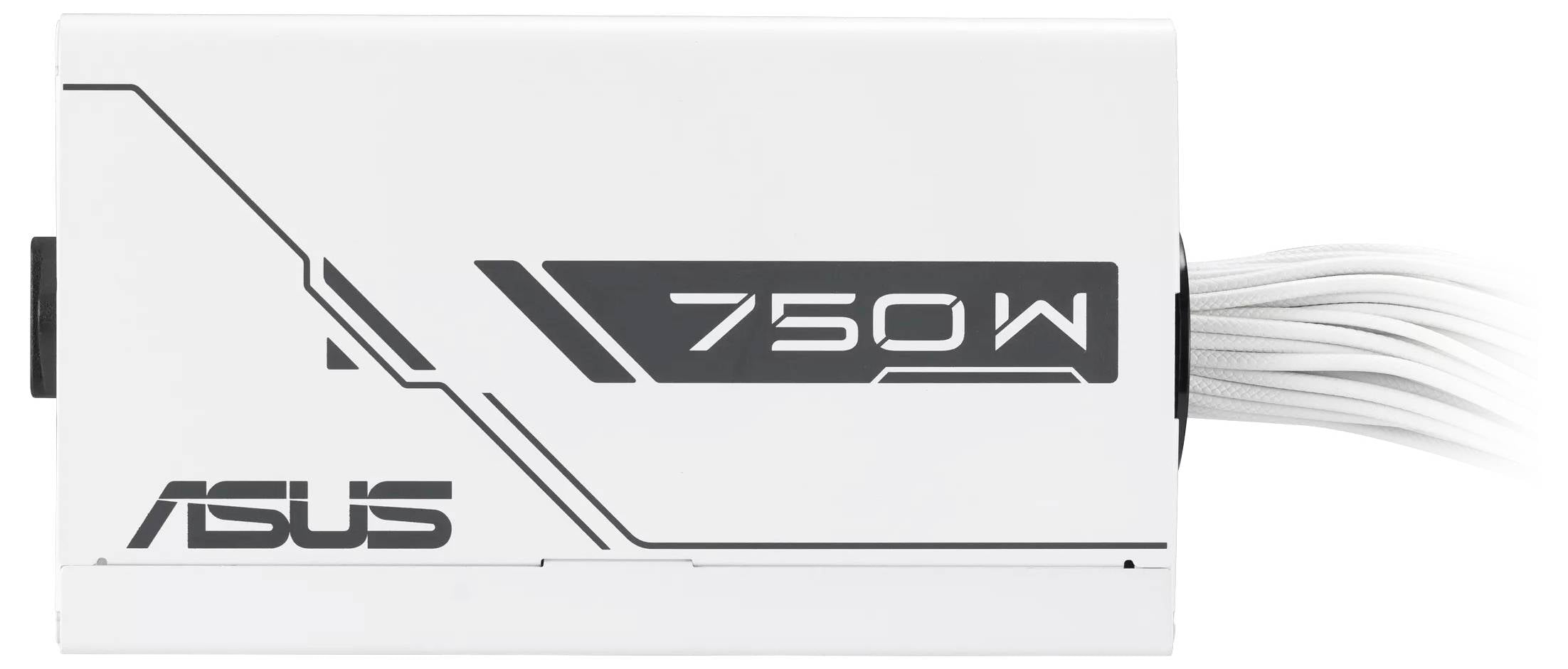 Biały zasilacz ASUS o mocy 750W z minimalistycznym designem i widocznymi kablami. Idealny do zestawów komputerowych wymagających tego poziomu mocy.