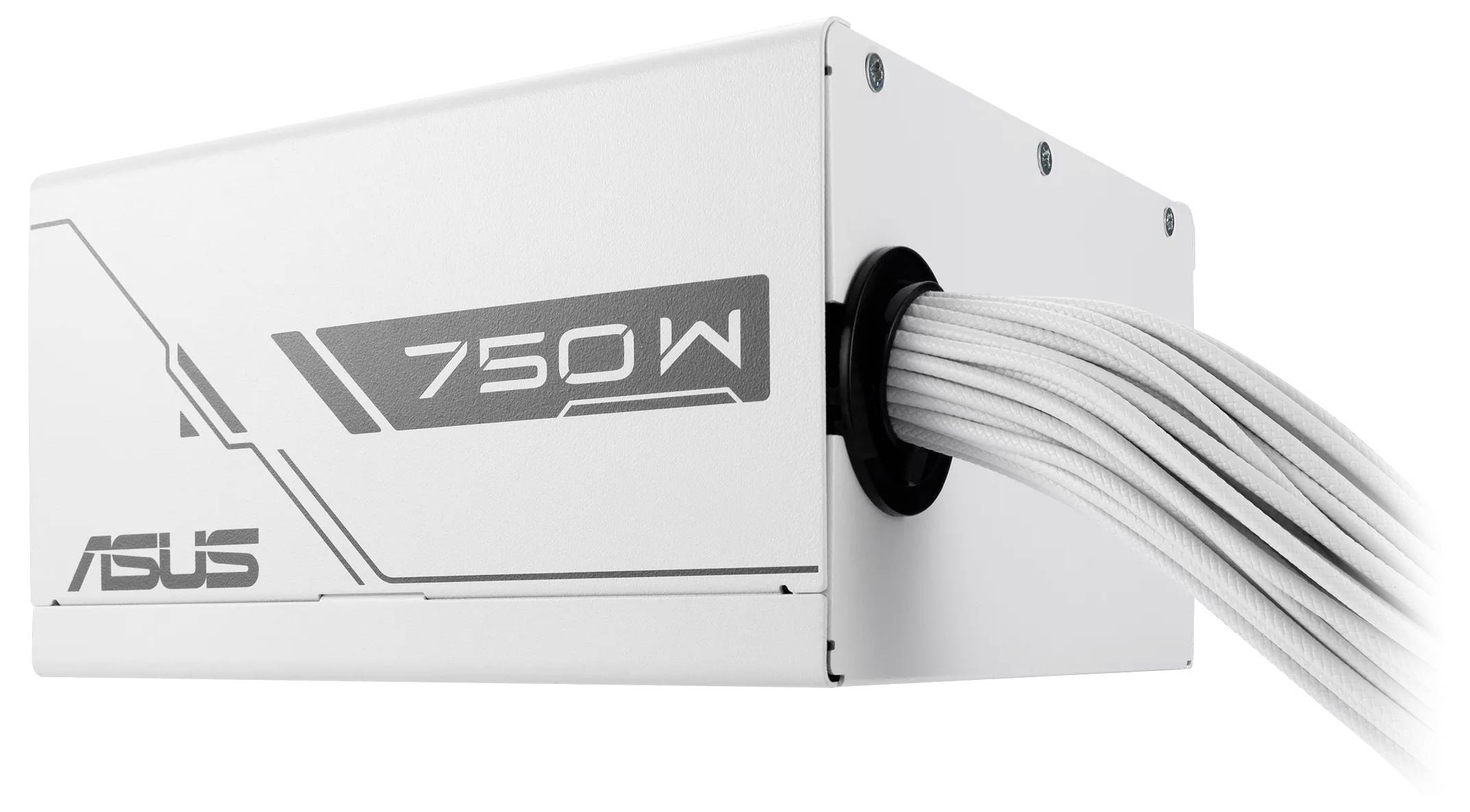 Biały zasilacz ASUS o mocy 750W z wieloma białymi kablami rozłożonymi z boku.