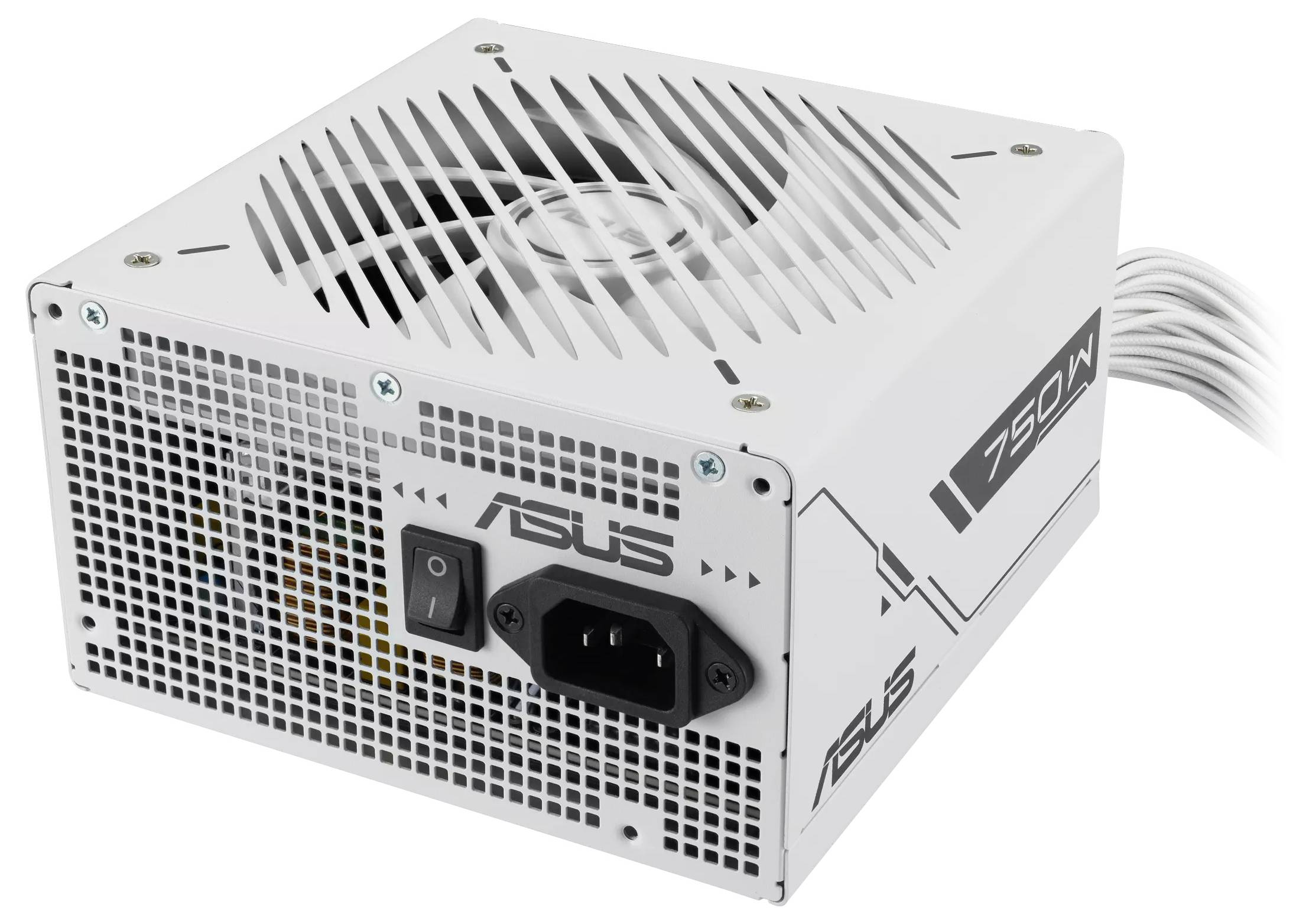 Biała jednostka zasilająca Asus o mocy 750W z wentylatorem i włącznikiem zasilania, z widocznymi otworami wentylacyjnymi i portami przyłączeniowymi na bocznej ściance.