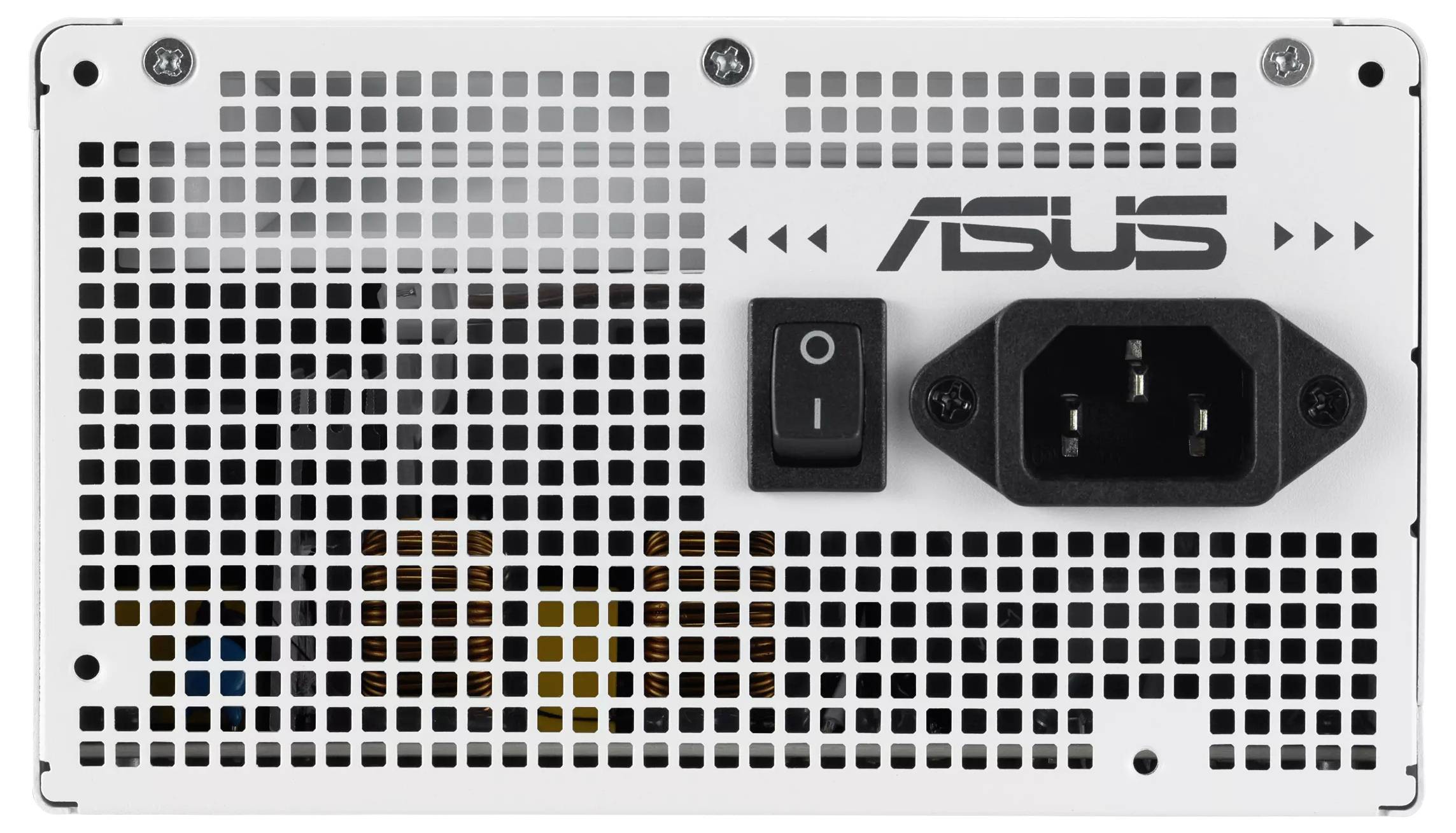 Tylny panel zasilacza jednostki ze znakiem firmowym 'ASUS', pokazujący przełącznik zasilania i port wejściowy, otoczony kratką wentylacyjną.