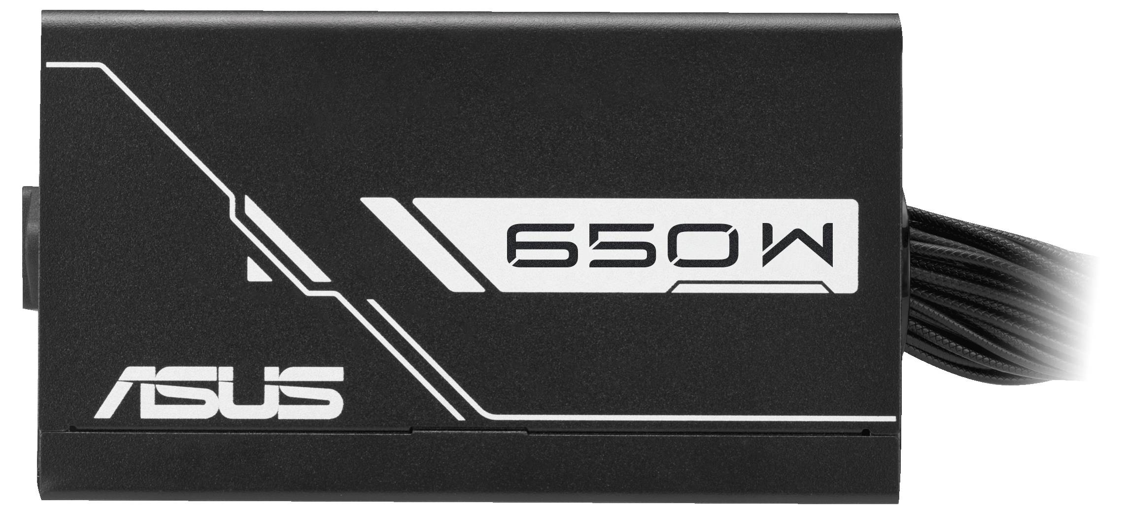 Zasilacz 'ASUS 650W', czarny, prostokątny, z białym logo i napisami, wyposażony w multiple czarne przewody wyjściowe po prawej stronie.