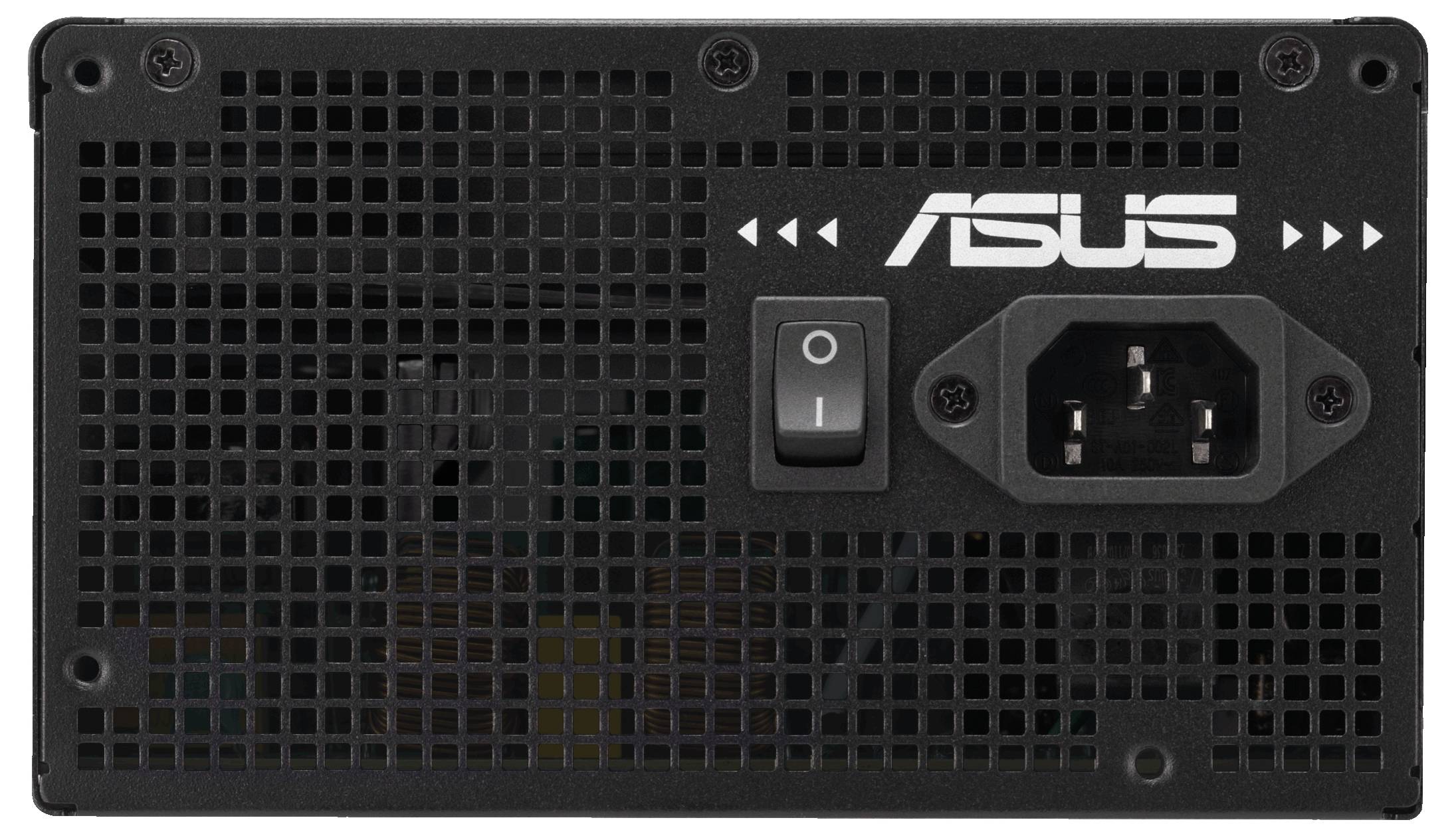 Czarny zasilacz komputerowy z przełącznikiem i gniazdem zasilania na wentylowanym panelu, z logo 'ASUS' na górze.