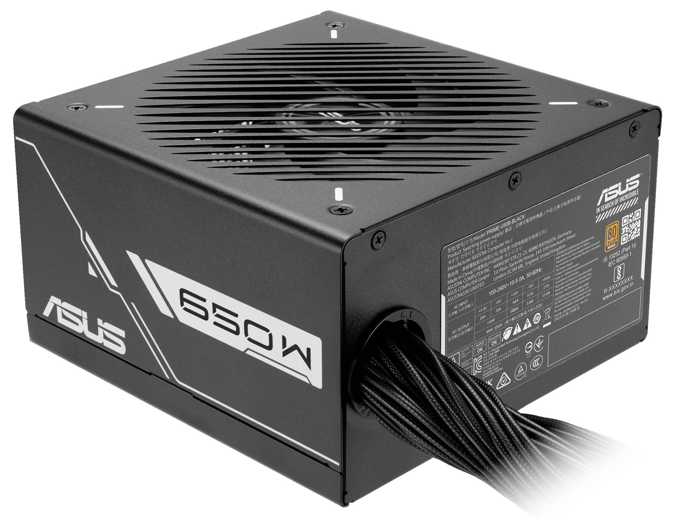 Czarna jednostka zasilająca 650W z przewodami, z oznakowaniem marki i specyfikacją na boku.