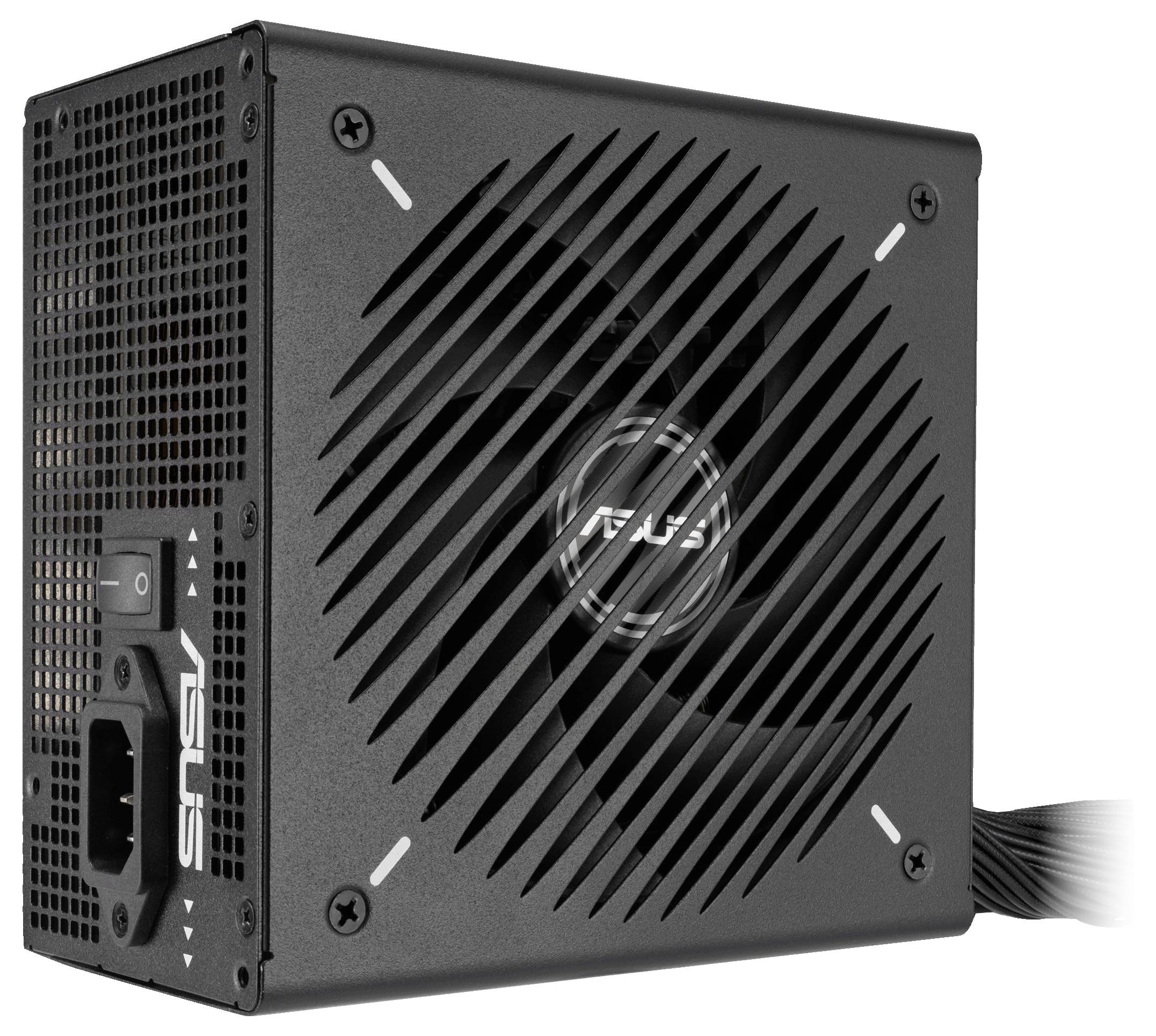 Czarny zasilacz komputerowy ASUS z widocznym wentylatorem i kratką wentylacyjną, prezentujący logo marki i port zasilania.