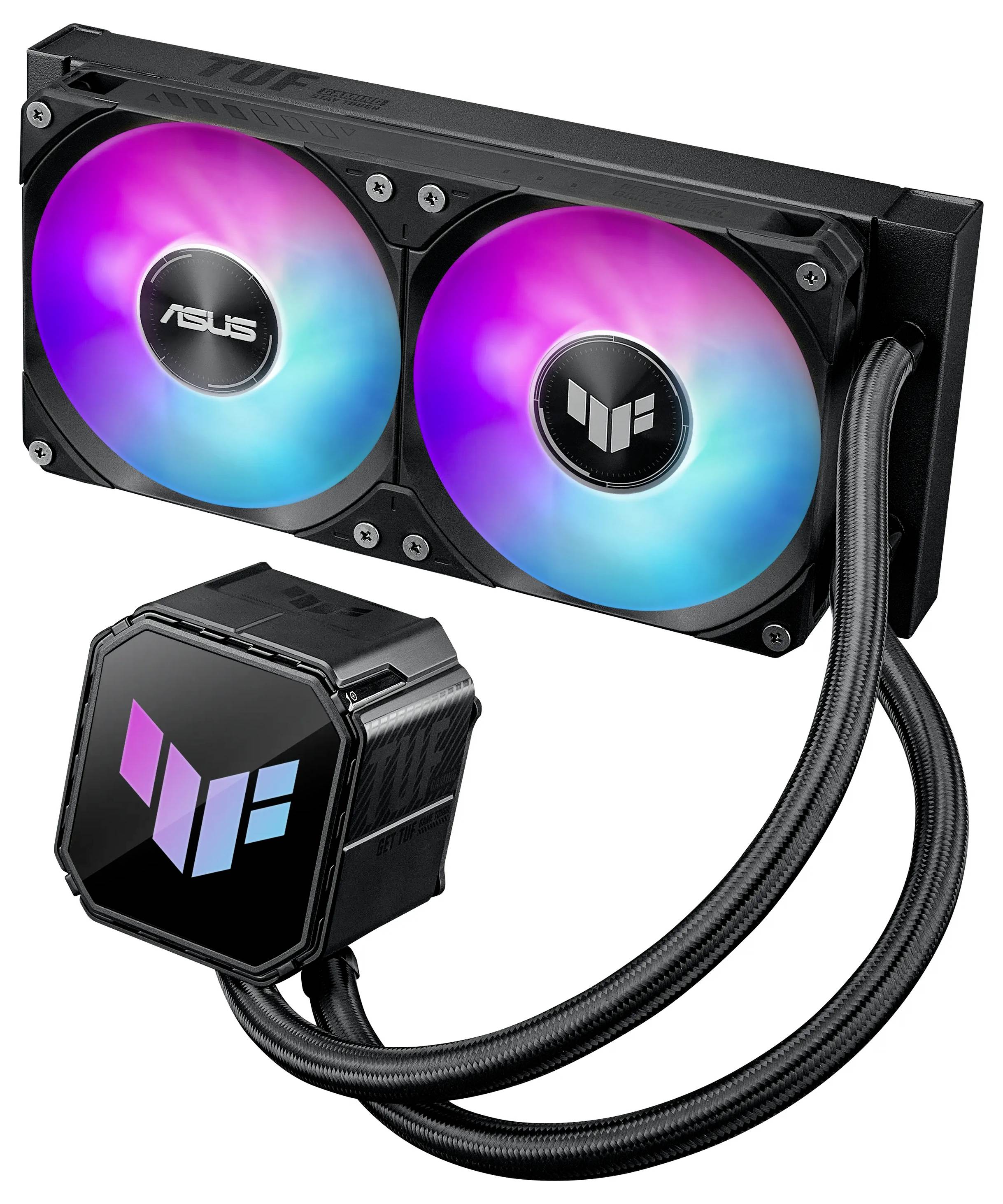 Chłodnica procesora RGB z cieczą, wyposażona w podwójne wentylatory, prezentująca kolorowe podświetlenie oraz logo ASUS TUF na pompie, zaprojektowana do wydajnego odprowadzania ciepła.