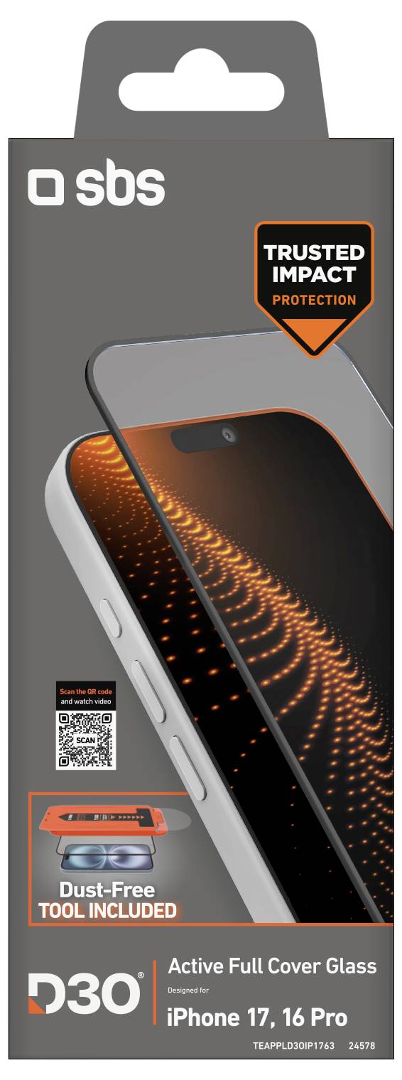 Osłona ekranu telefonu do modeli iPhone 17 i 16 Pro, podkreślająca 'Zaufaną Ochronę Antywstrząsową'. W zestawie narzędzie wolne od kurzu.